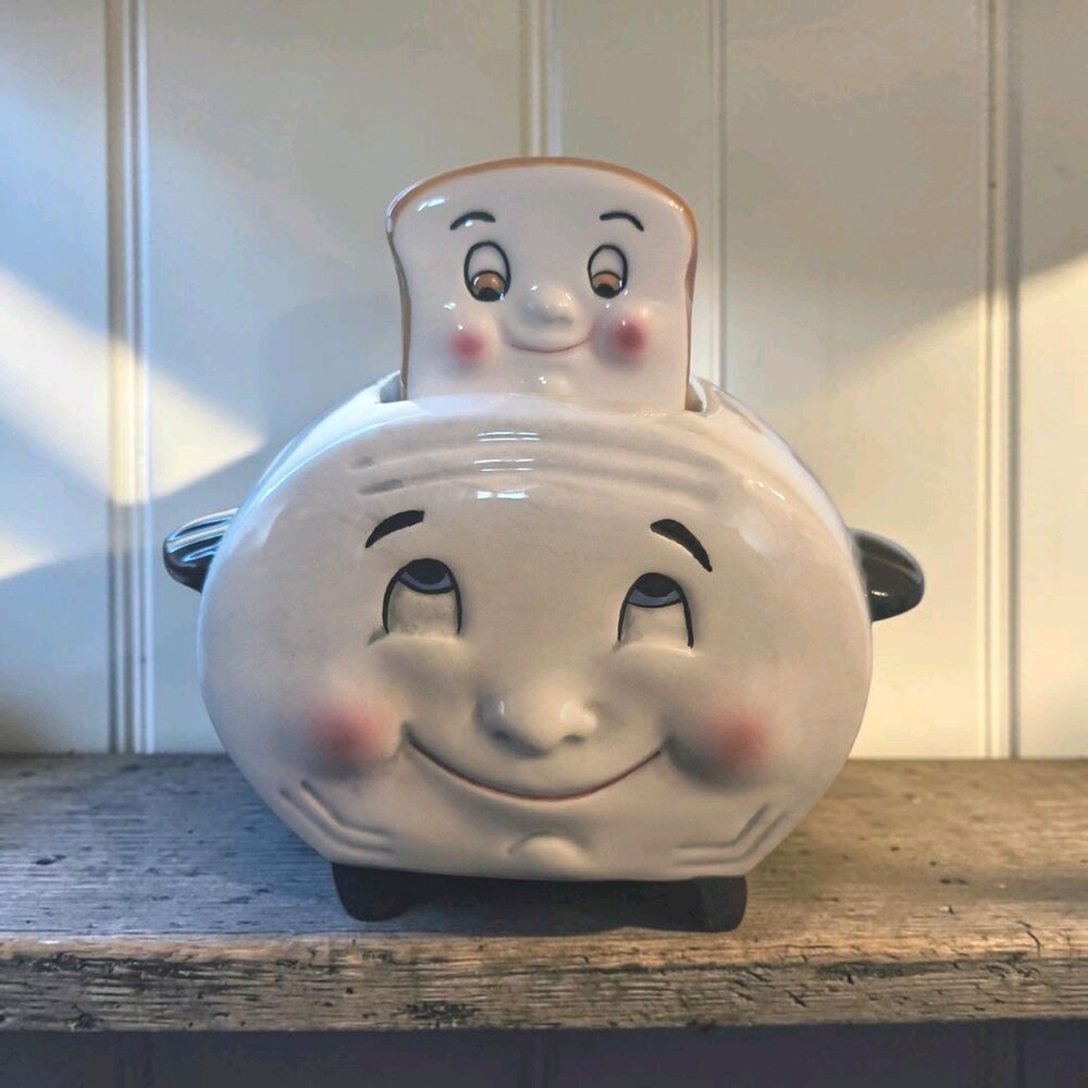 Vintage Clay Art Anthromorphic Salt & Pepper Smiling Face Toaster & Bread Slice